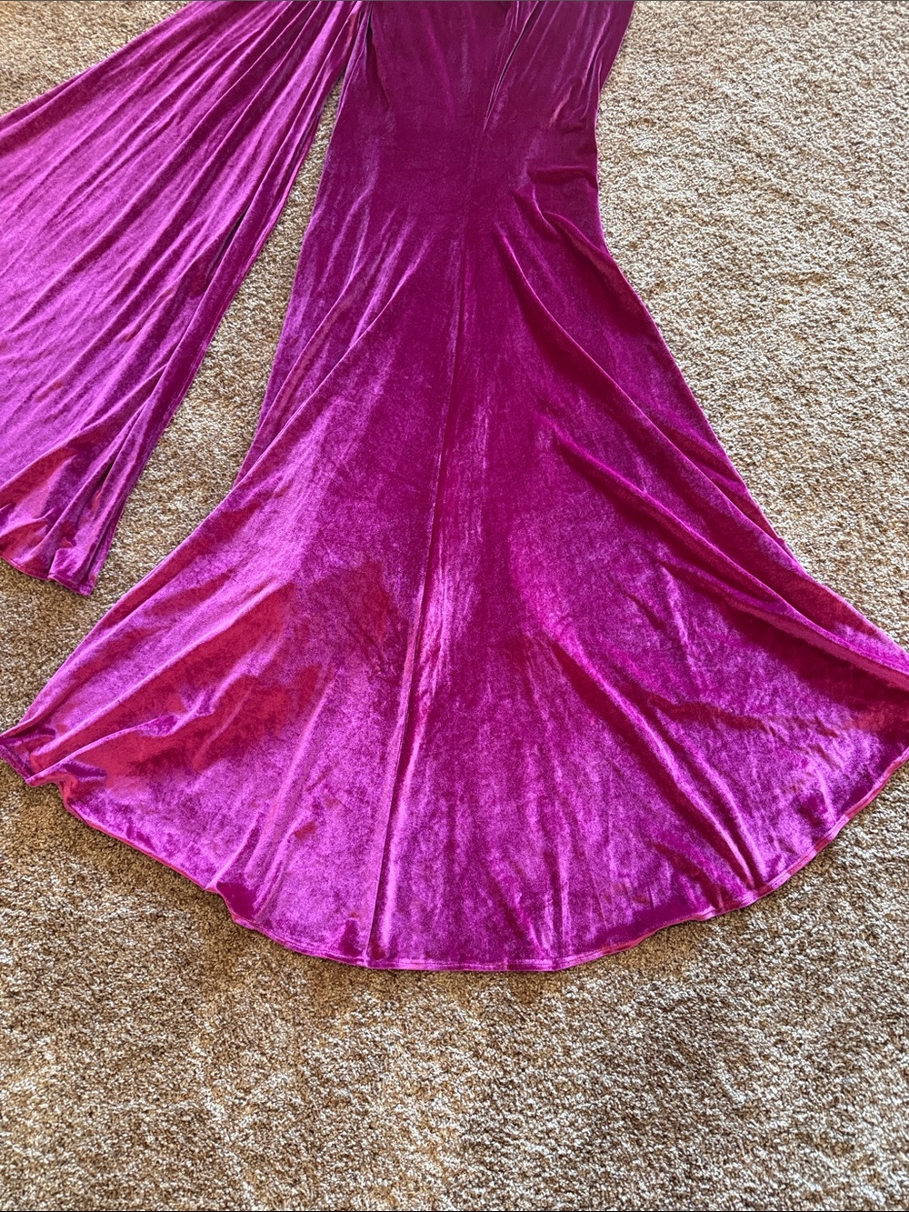 Portia and Scarlett Off-Shoulder Fuchsia Velvet Evening Gown with Beaded Fringe - Picture 10 of 13